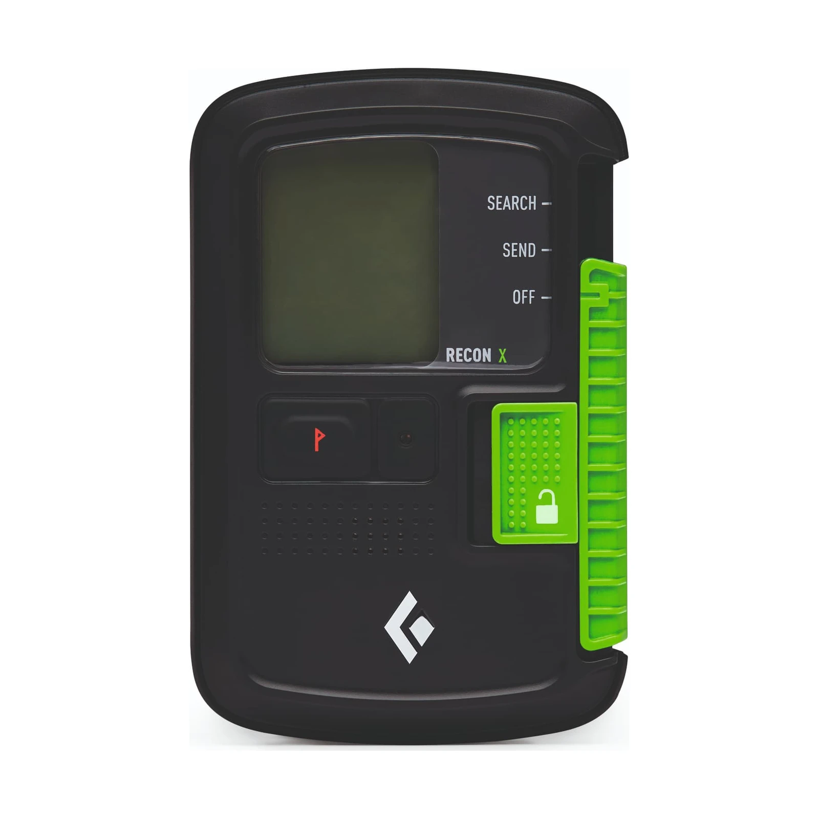 BLACK DIAMOND Recon X Avalanche Beacon 76 x 118 x 29 mm – schwarzes LVS-Gerät mit Display, abgerundeten Ecken und grünem Seitenschieber