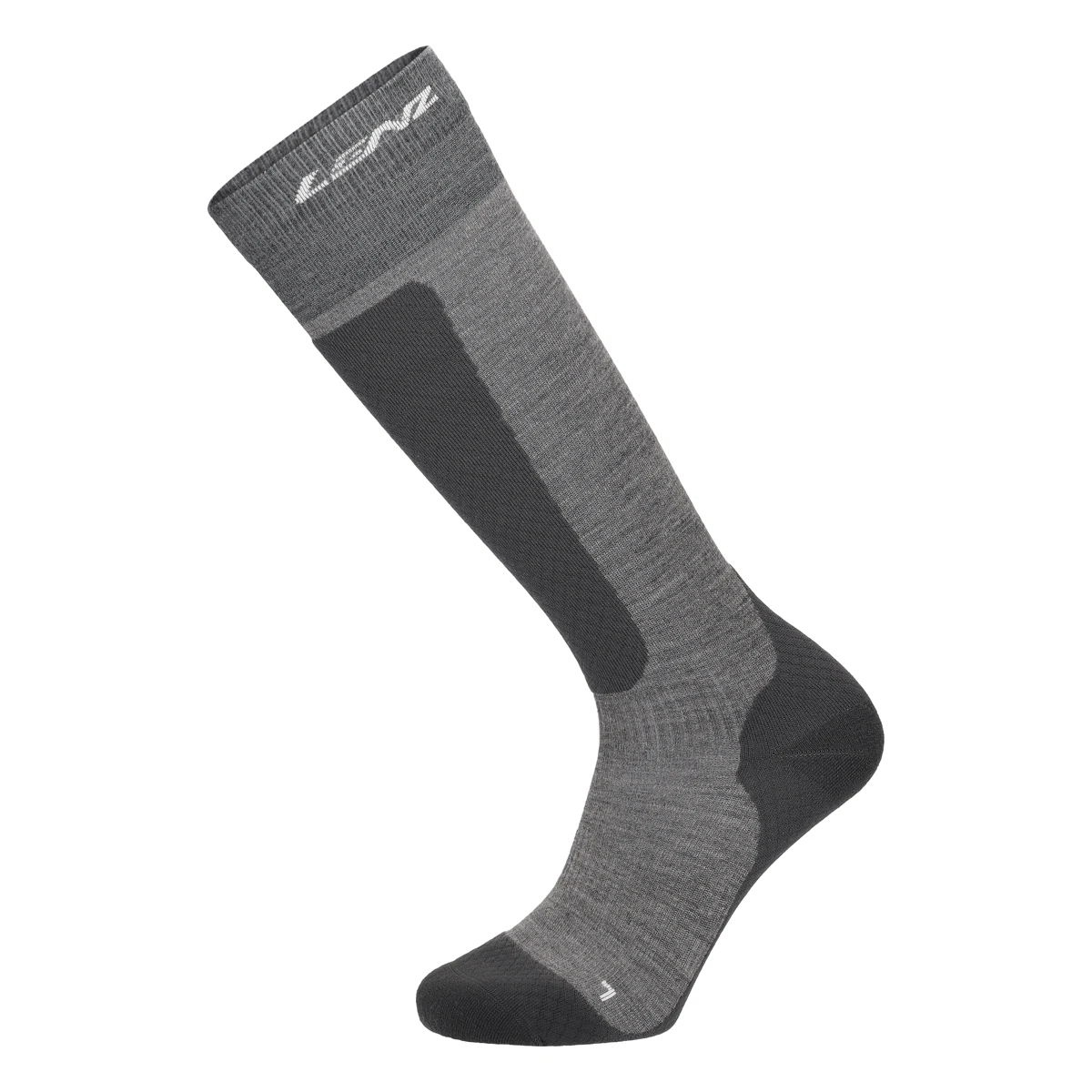 LENZ Merino Winter 2 – graue Skitourensocke mit langem Schaft, dunkelgrauen Flächen an Schienbein, Ferse und Zehen und weißem Schriftzug