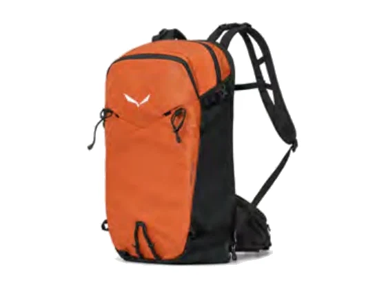 Salewa Sella Tour 32L Skitourenrucksack in Hellgrau mit orangefarbenen Akzenten. Produktbild auf neutralem Hintergrund.