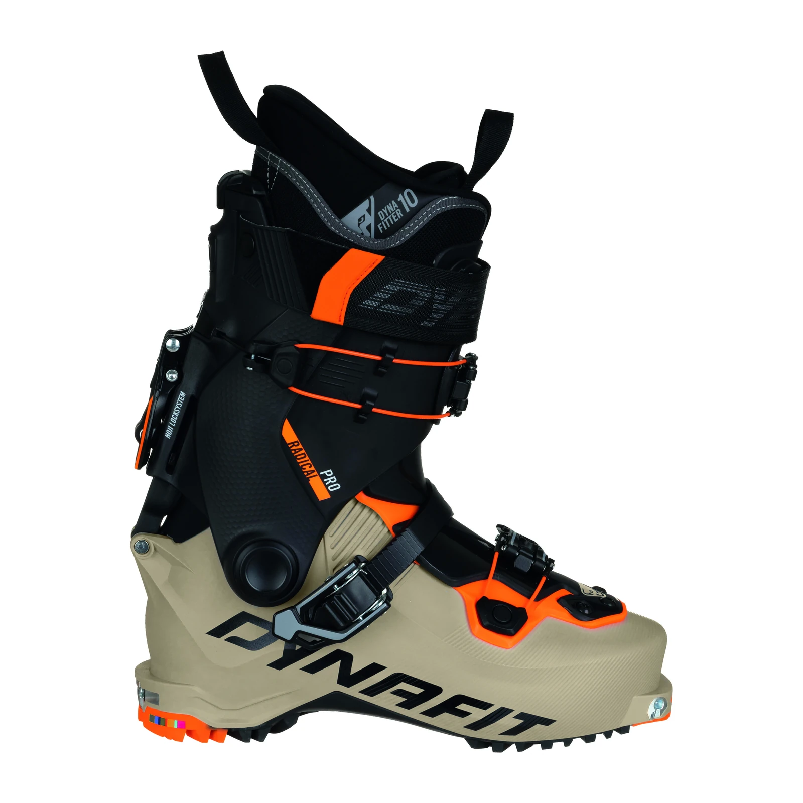 DYNAFIT Radical Pro Boot M – beiger Skitourenschuh mit schwarzem Schaft, orangefarbenen Details, Schnallen und schwarzer Profilsohle