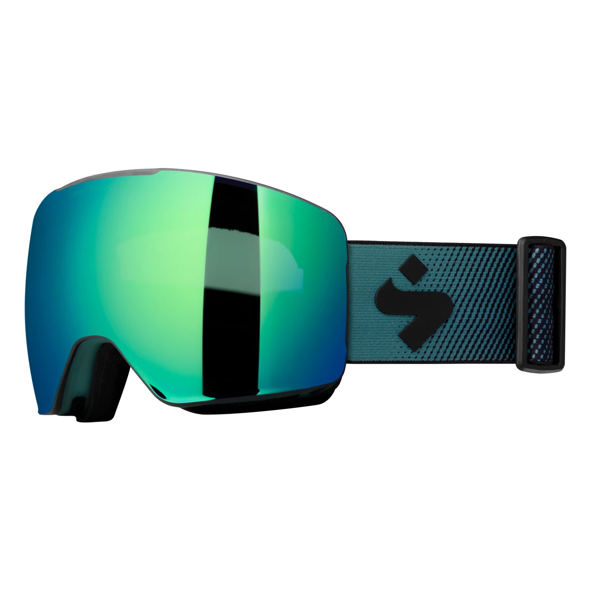 SWEET PROTECTION Connor RIG® Reflect – schwarze Skibrille mit blaugrün verspiegelter Scheibe und türkis-schwarzem Band mit schwarzer Schnalle