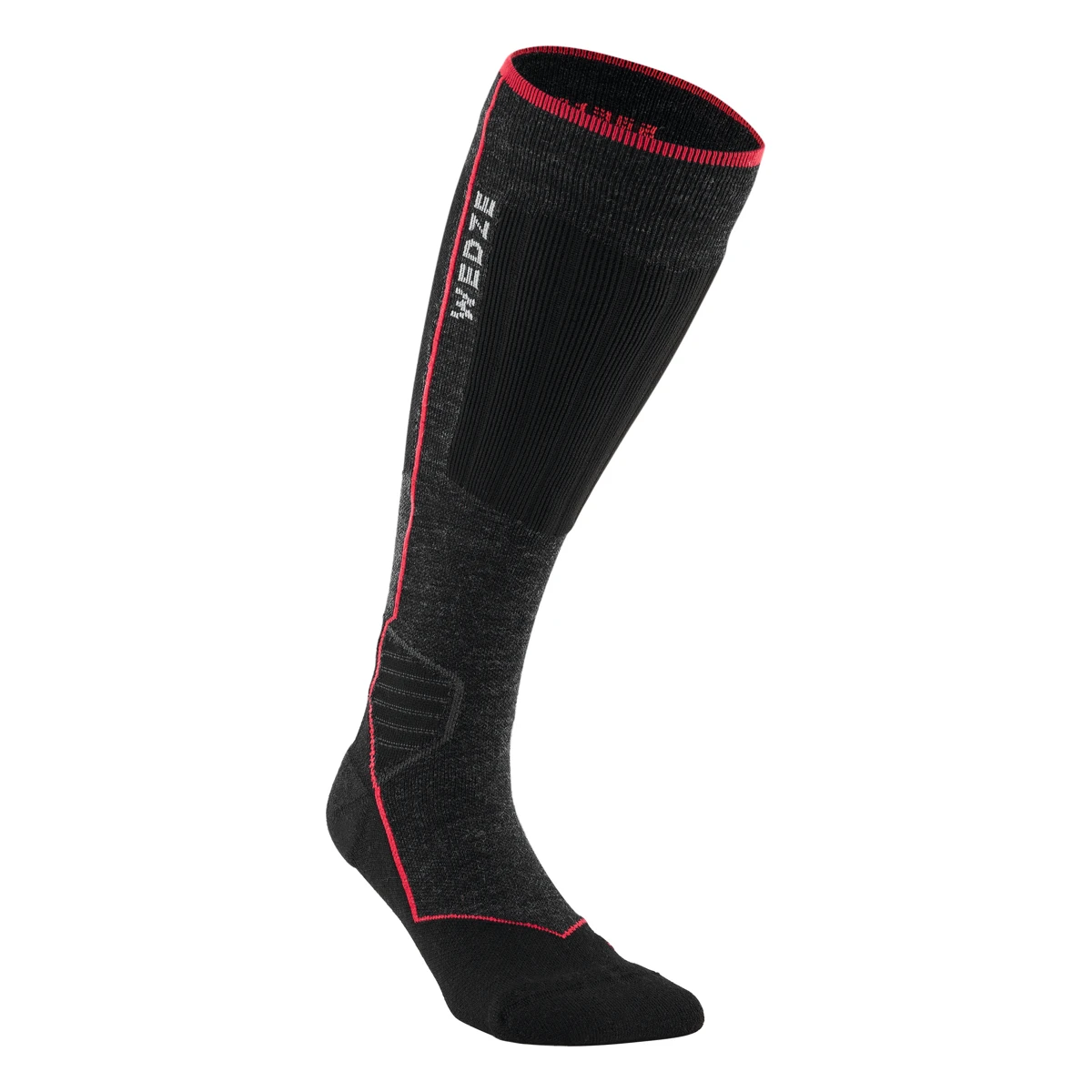 DECATHLON Snowboardsocken – 900 Wool – schwarze Skitourensocke mit langem Schaft, rotem Rand, roten Linien und weißem Schriftzug