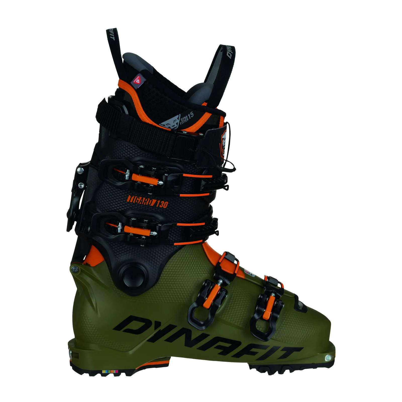 DYNAFIT Tigard 130 – olivgrüner Skitourenschuh mit schwarzem Schaft, vier schwarz-orangen Schnallen und schwarzem Riemen