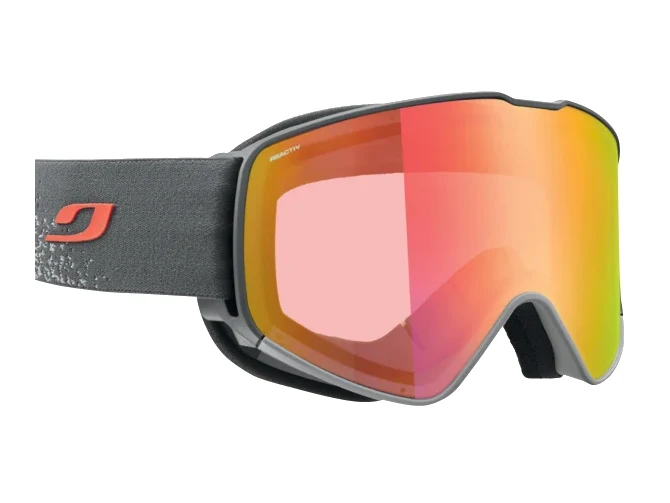 Julbo Cyrius Skibrille mit rahmenlosem Design und REACTIV-Technologie, schwarzer Rahmen und rote Scheibe. Produktbild.