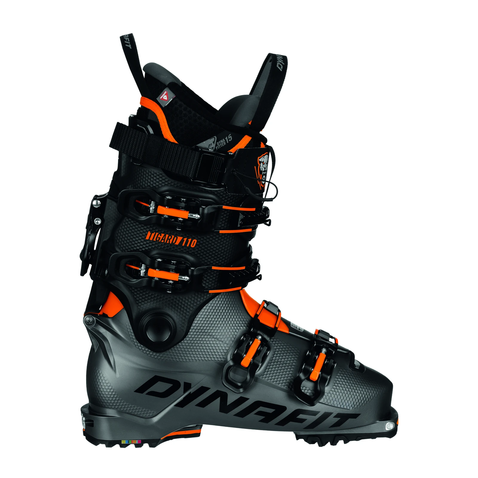 DYNAFIT Tigard 110 – grau-schwarzer Skitourenschuh mit vier Schnallen, orangefarbenen Details und schwarzem Schaftriemen