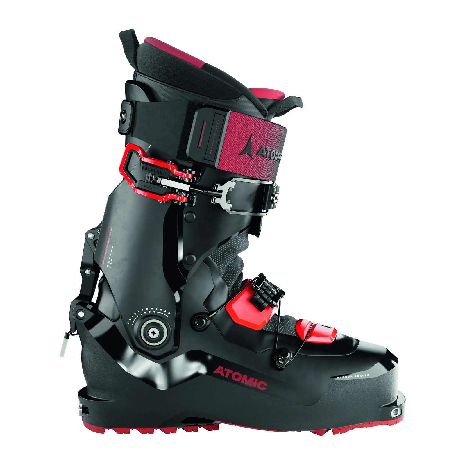 ATOMIC Backland XTD Carbon 120 GW – schwarzer Skitourenschuh mit roten Schnallen, bordeauxrotem Schaftband und roter Profilsohle