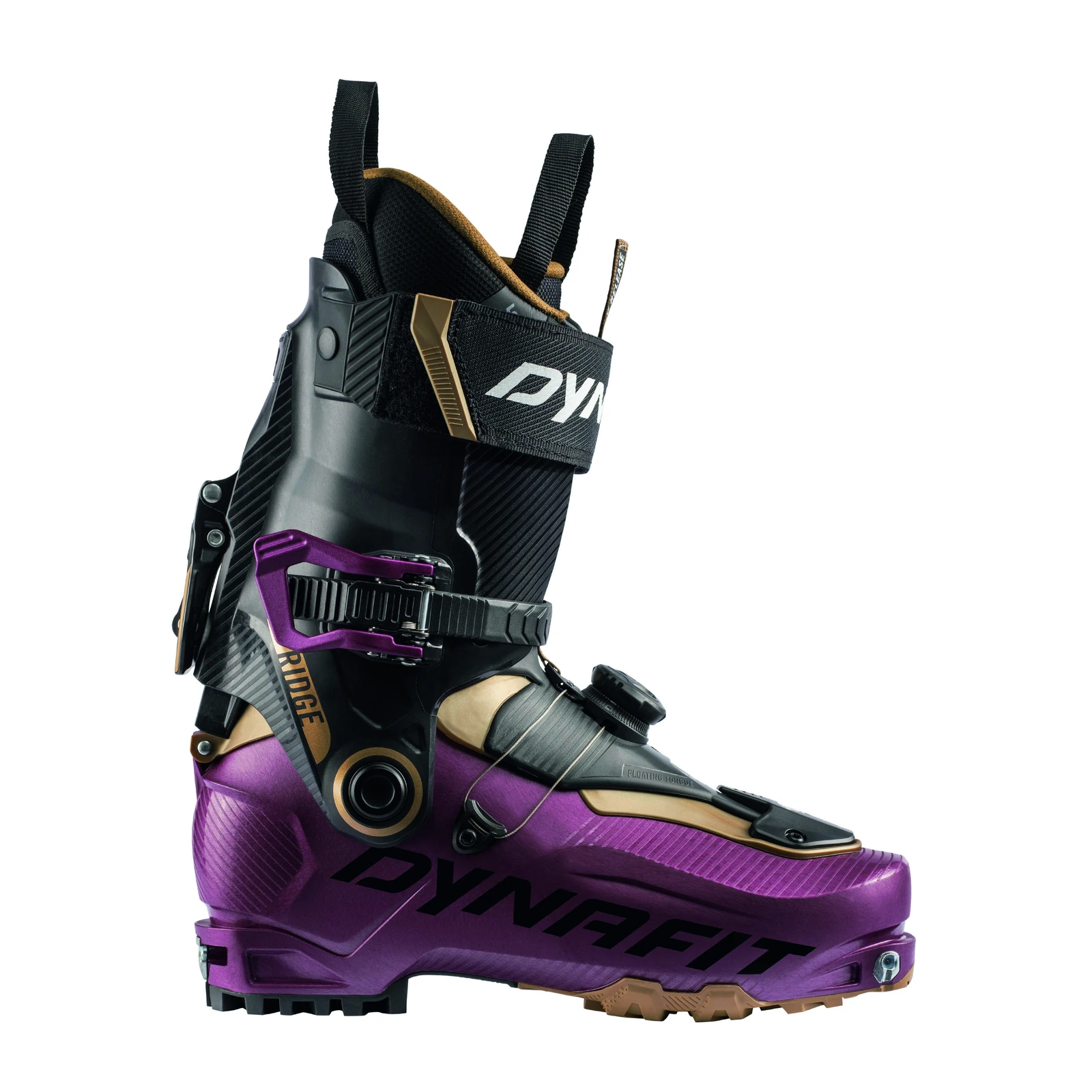 DYNAFIT Ridge Boot W – violett-schwarzer Skitourenschuh mit goldfarbenen Details, Schnalle, Drehverschluss und schwarzem Schaft