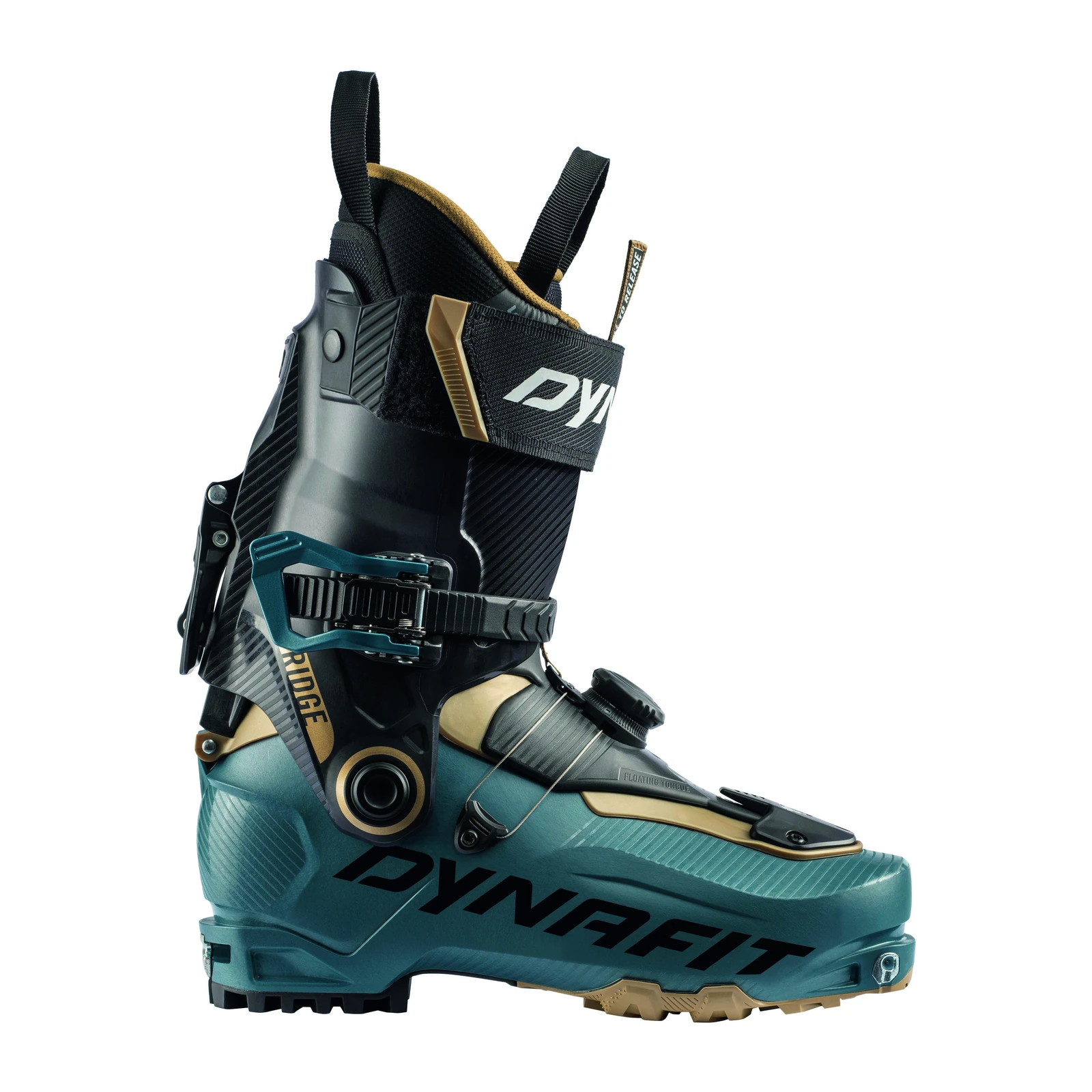 DYNAFIT Ridge Boot M – petrolfarbener Skitourenschuh mit schwarzem Schaft, goldfarbenen Details, Schnalle und Drehverschluss