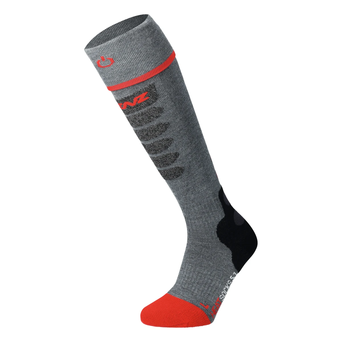 LENZ Heat Sock 5.1 – graue Skitourensocke mit roter Spitze, schwarzer Ferse und rotem Streifen am hohen Bund