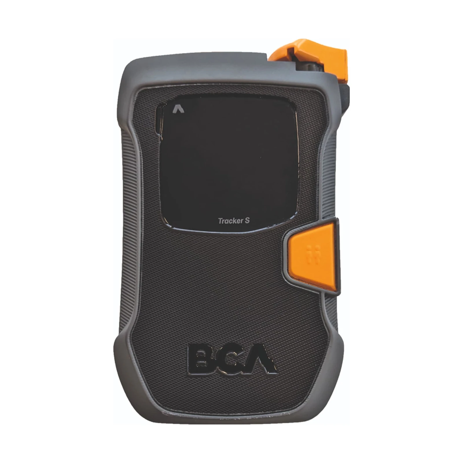 BCA Tracker S – schwarz-graues LVS-Gerät mit dunklem Display, orangefarbener Taste und orangefarbenem Schalter