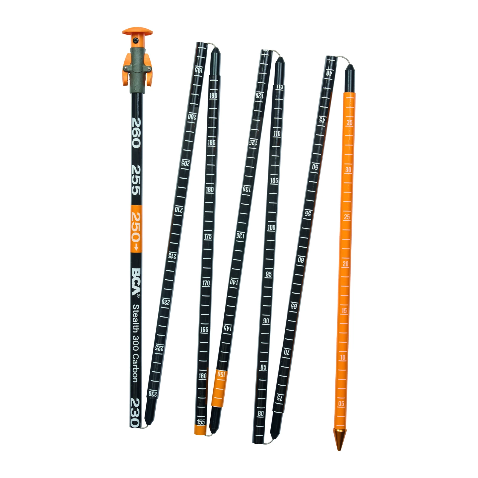 BCA Stealth 300 Carbon – schwarz-orange Lawinensonde mit weißen Skalen, verbundenen Rohrsegmenten und spitzer Metallspitze