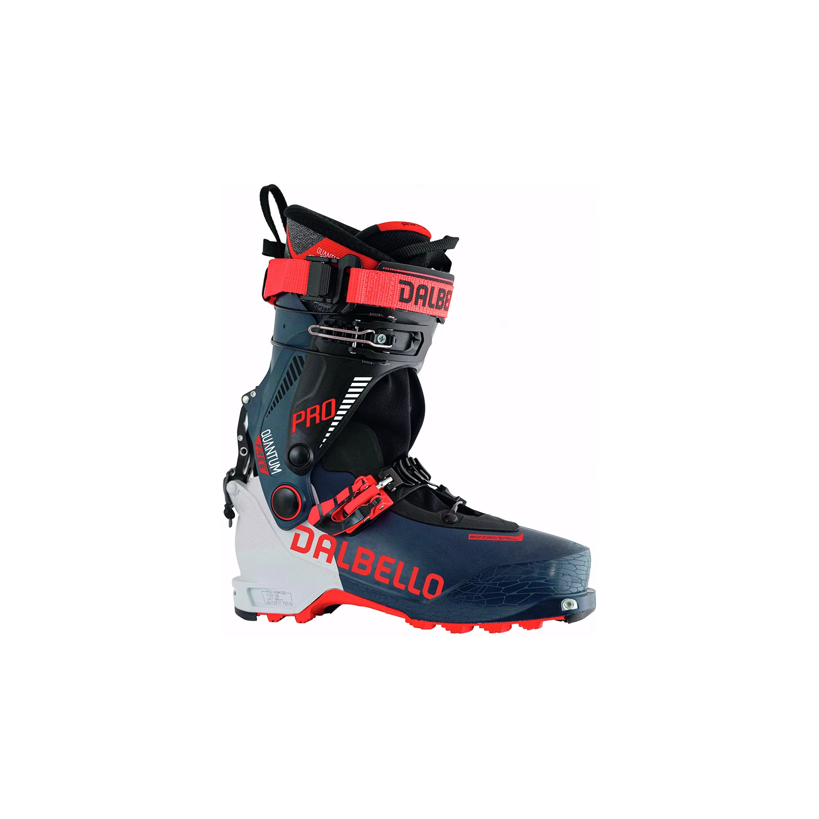 DALBELLO Quantum Free Pro – dunkelblauer Skitourenschuh mit schwarzem Schaft, rotem Riemen, Schnallen und hellgrauer Ferse