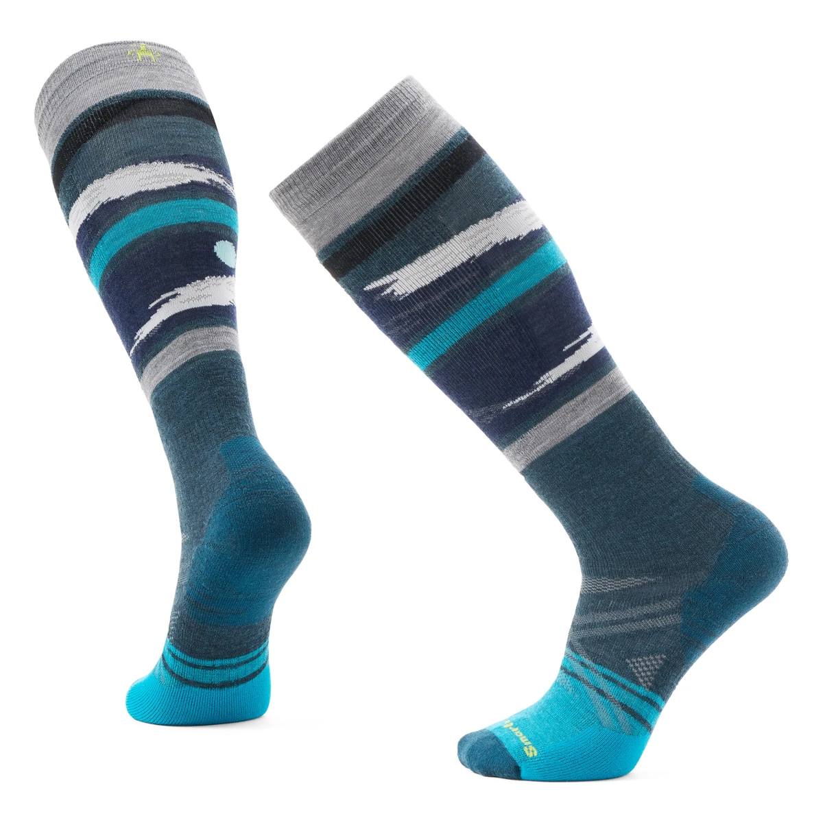 SMARTWOOL Ski Full Cushion Midnight Ski Pattern OTC Socks – lange petrolblaue Skitourensocken mit grauen Bündchen, türkisfarbenen Streifen und weißen Mustern