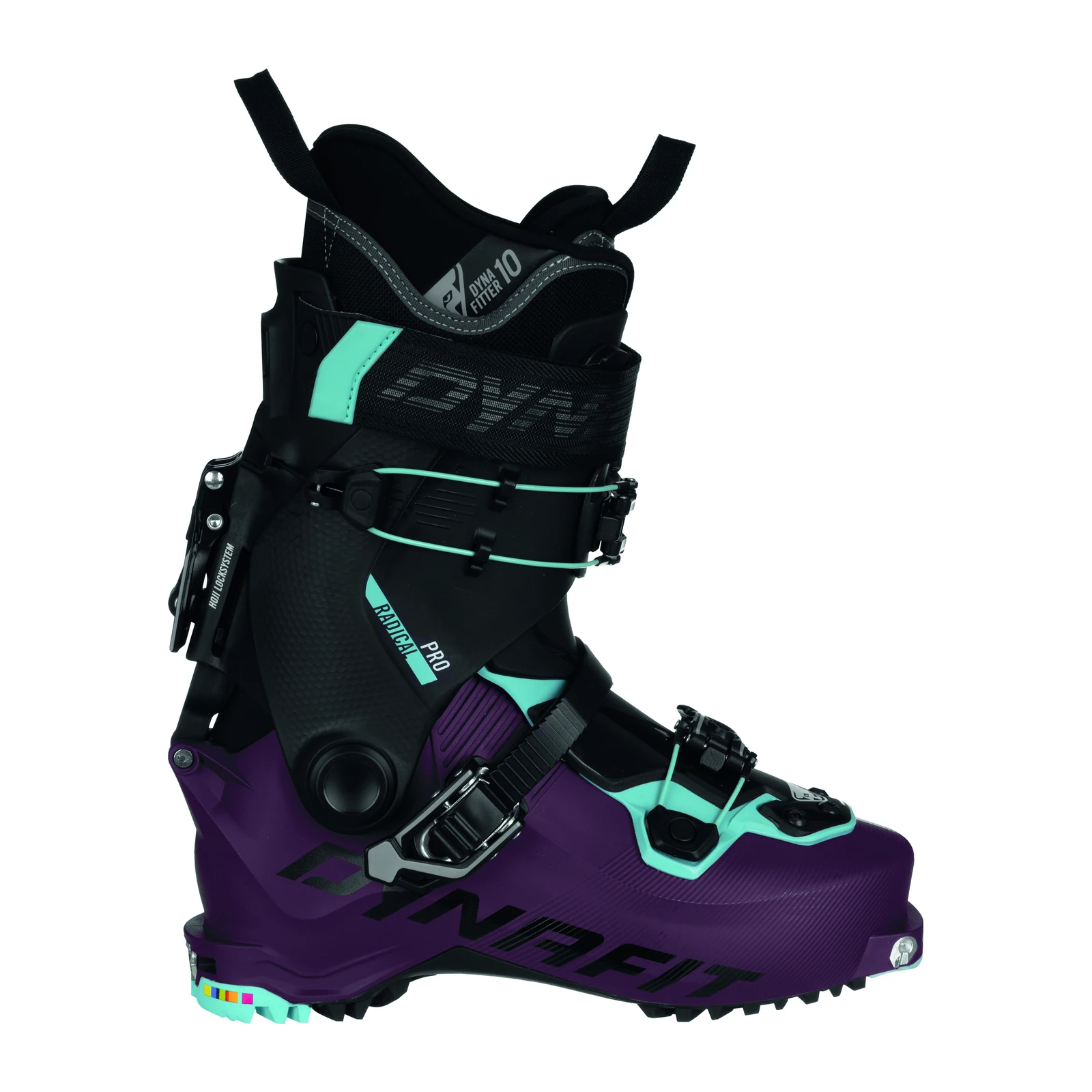 DYNAFIT Radical Pro Boot W – violett-schwarzer Skitourenschuh mit türkisfarbenen Details, Schnallen und schwarzem Schaftband