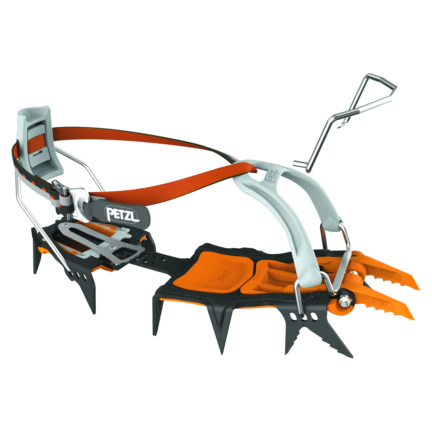 Petzl Lynx – silber-orange Steigeisen mit orangefarbenen Riemen und Frontbügel