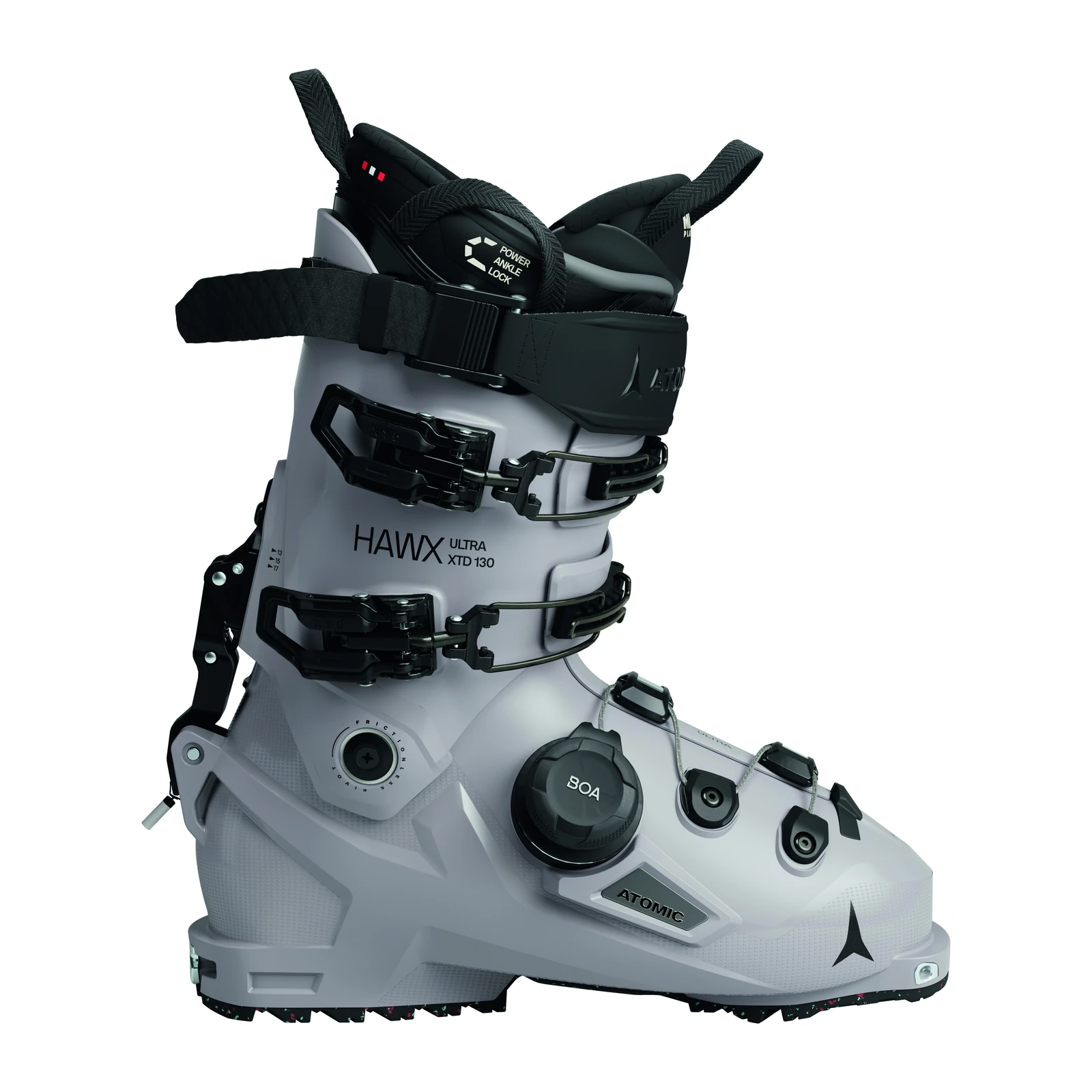 ATOMIC Hawx Ultra XTD 130 BOA – hellgrauer Skitourenschuh mit schwarzen Schnallen, Drehverschluss, Schaftgurt und Profilsohle