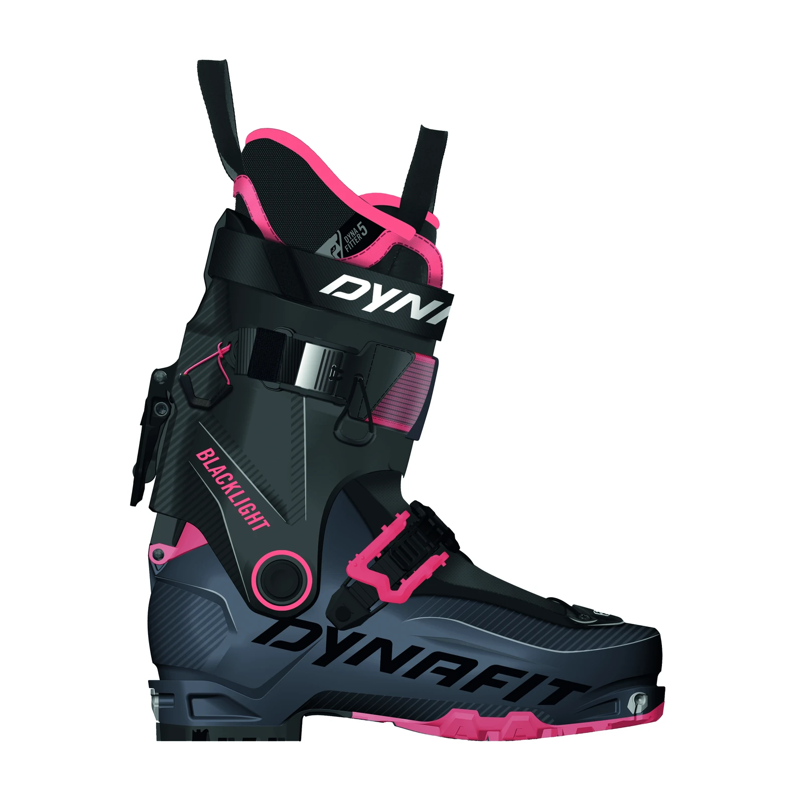 DYNAFIT BLACKLIGHT BOOT W – schwarz-grauer Skitourenschuh mit pinken Details, Schnallen, Schaftgurt und profilierter Sohle