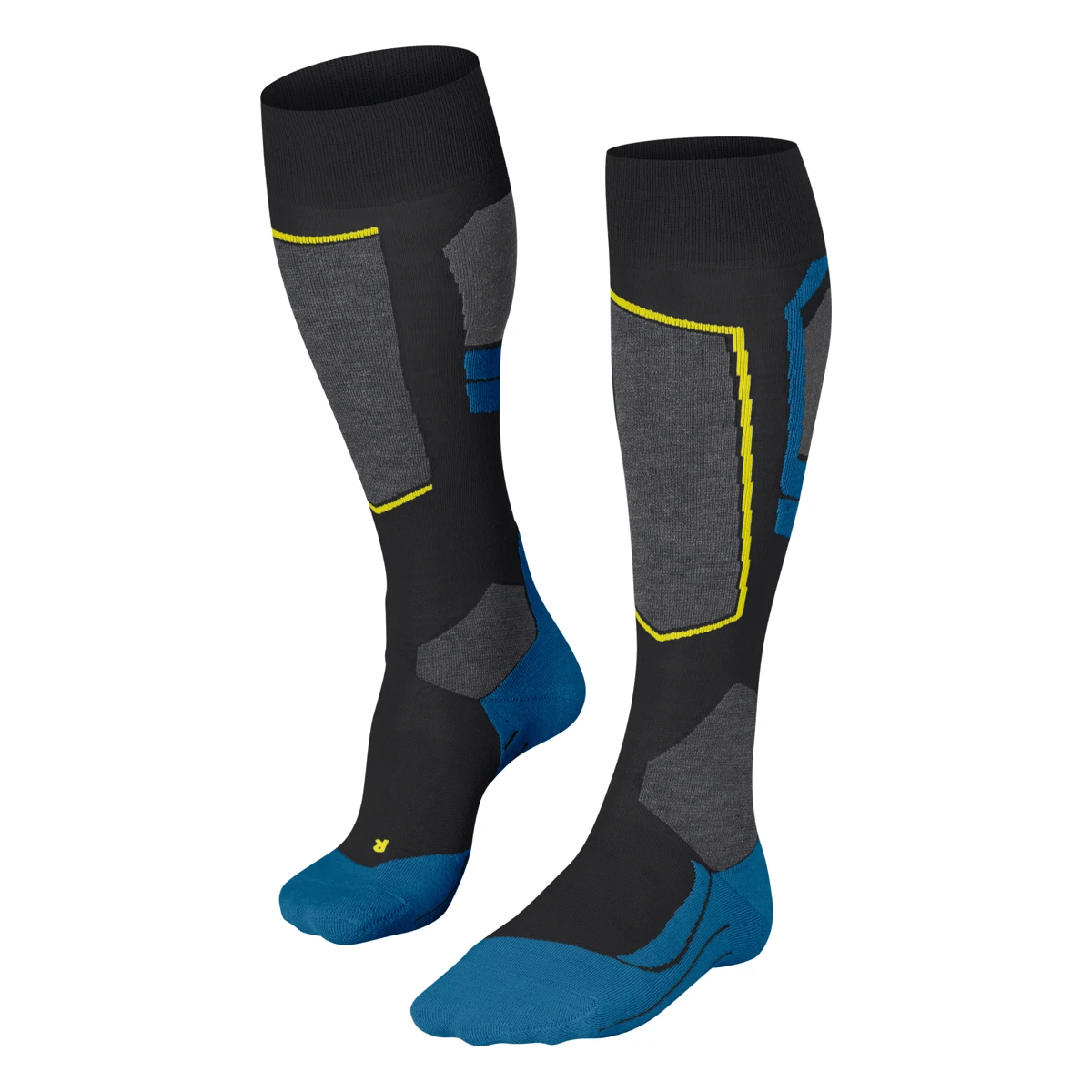 FALKE SK4 Advanced – schwarze Skitourensocken mit grauen Flächen, gelben Linien und blauen Zehen und Fersen