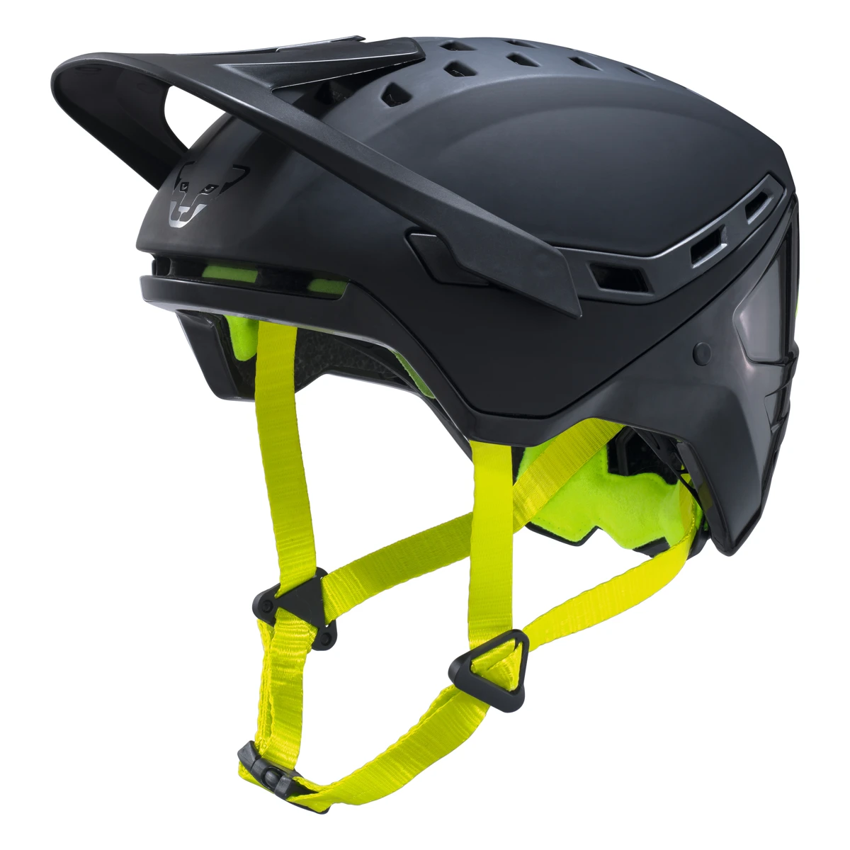 DYNAFIT TLT – dunkelgrauer Skihelm mit Schirm, Lüftungsöffnungen und neongelben Kinnriemen