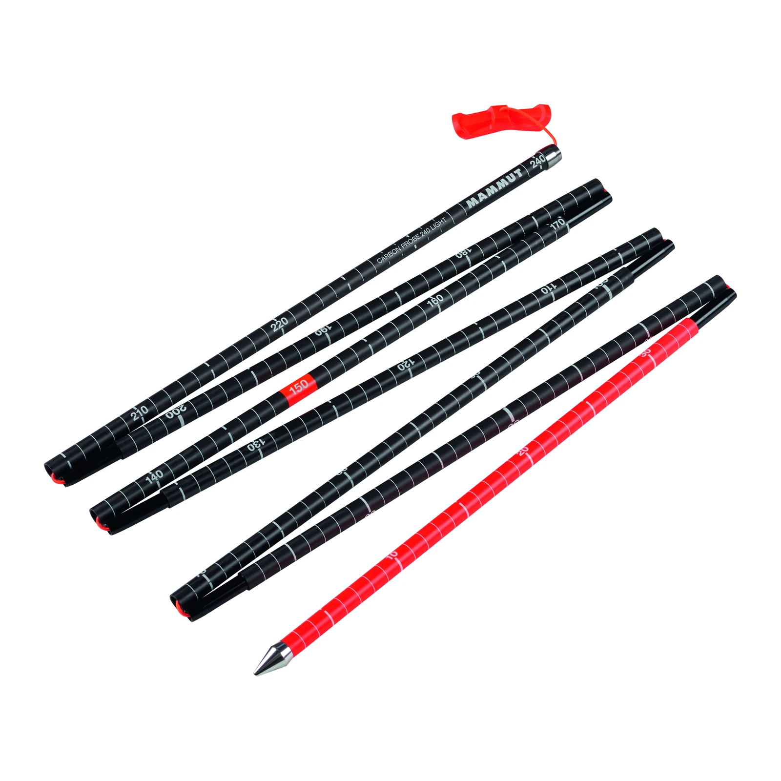 MAMMUT Carbon Probe 240 light – schwarz-rote Lawinensonde mit weißen Skalenstrichen, rotem Griff und silberner Spitze