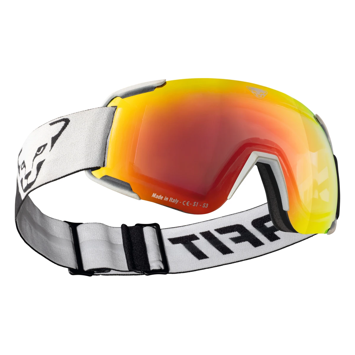 DYNAFIT TLT Pro – weiße Skibrille mit gewölbter gelb-orange-roter Scheibe und weißem Band mit schwarzen Zeichen