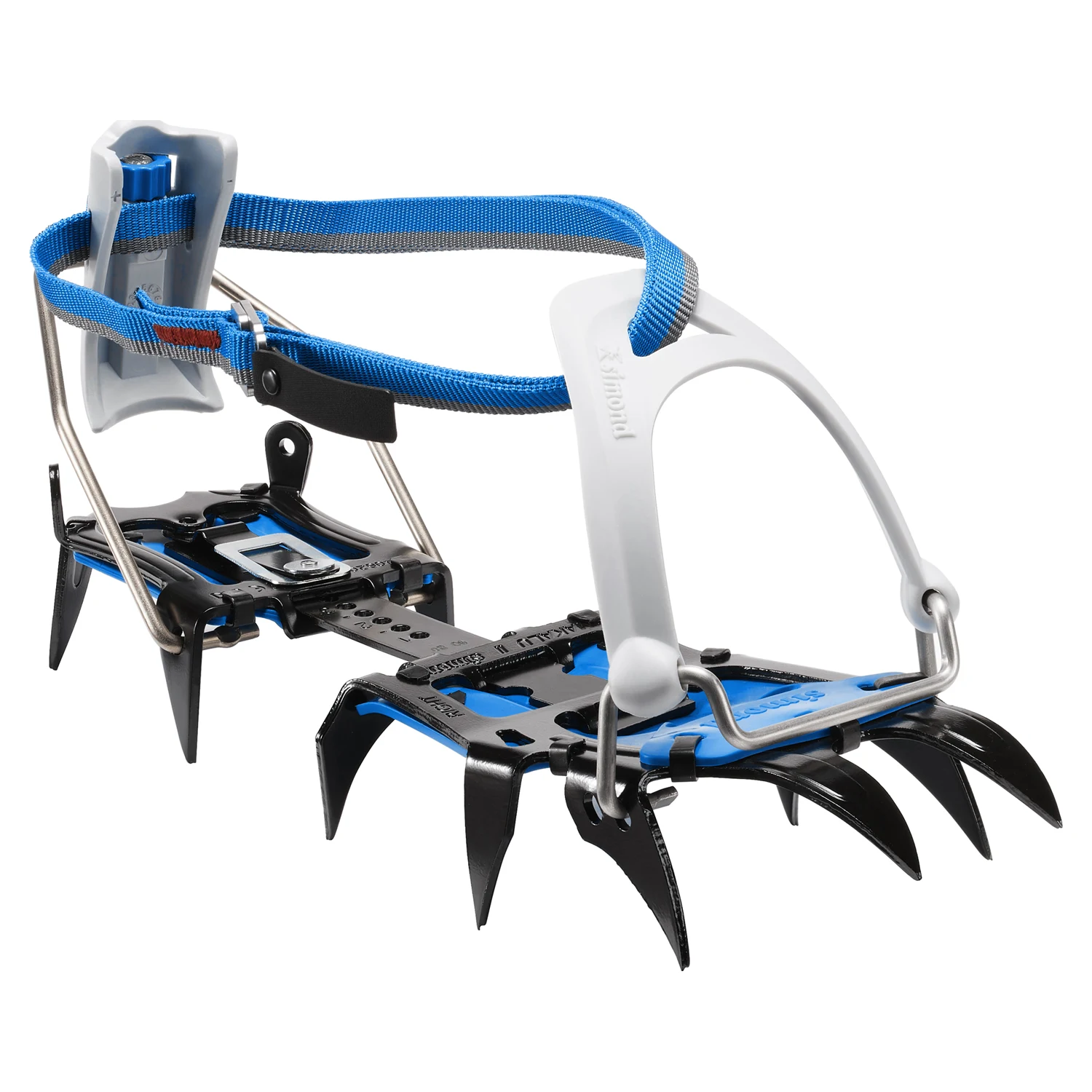 Decathlon SIMOND Makalu – blaue Steigeisen mit Frontbügel und weißem Wechselkörbchen