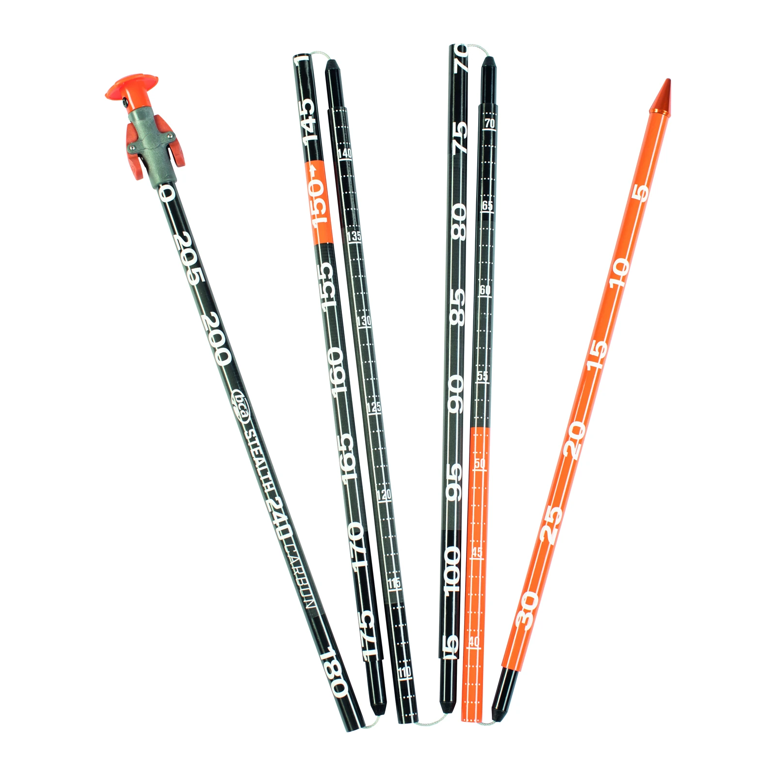 BCA Stealth 240 Carbon – schwarz-orange Lawinensonde mit weißen Skalen, verbundenen Rohrsegmenten und spitzer Spitze