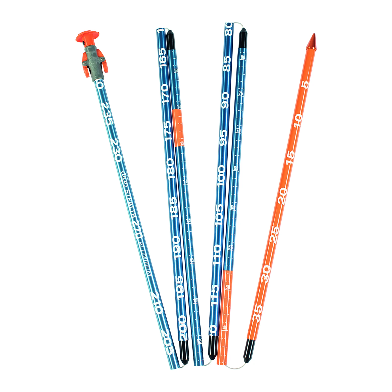 BCA Stealth 270 – blau-orange Lawinensonde mit weißen Skalen, schwarzen Verbindungsstücken und orangefarbener Spitze