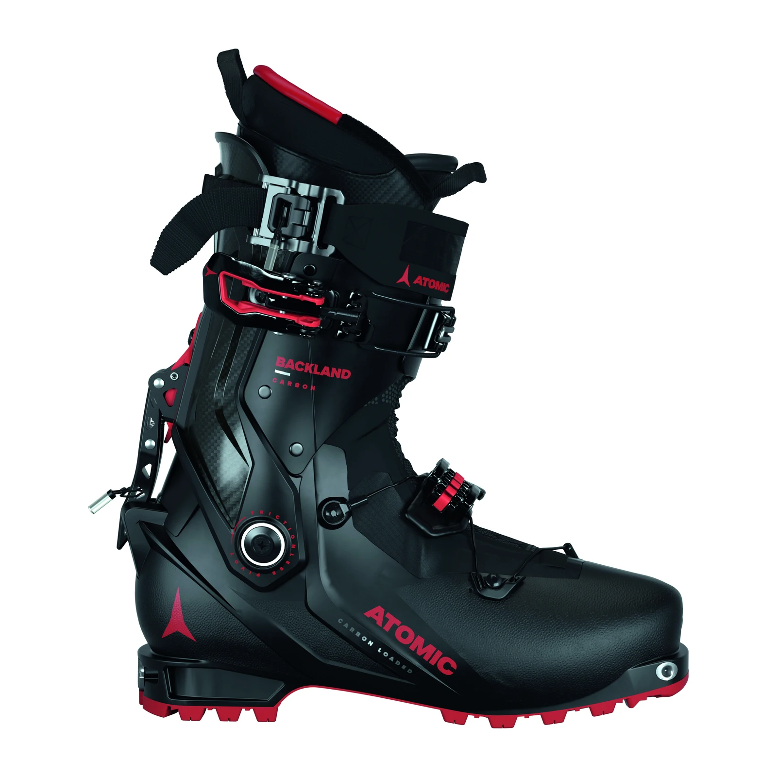 ATOMIC Backland Carbon – schwarzer Skitourenschuh mit roten Details, Schnallen, schwarzem Schaftband und roter Profilsohle