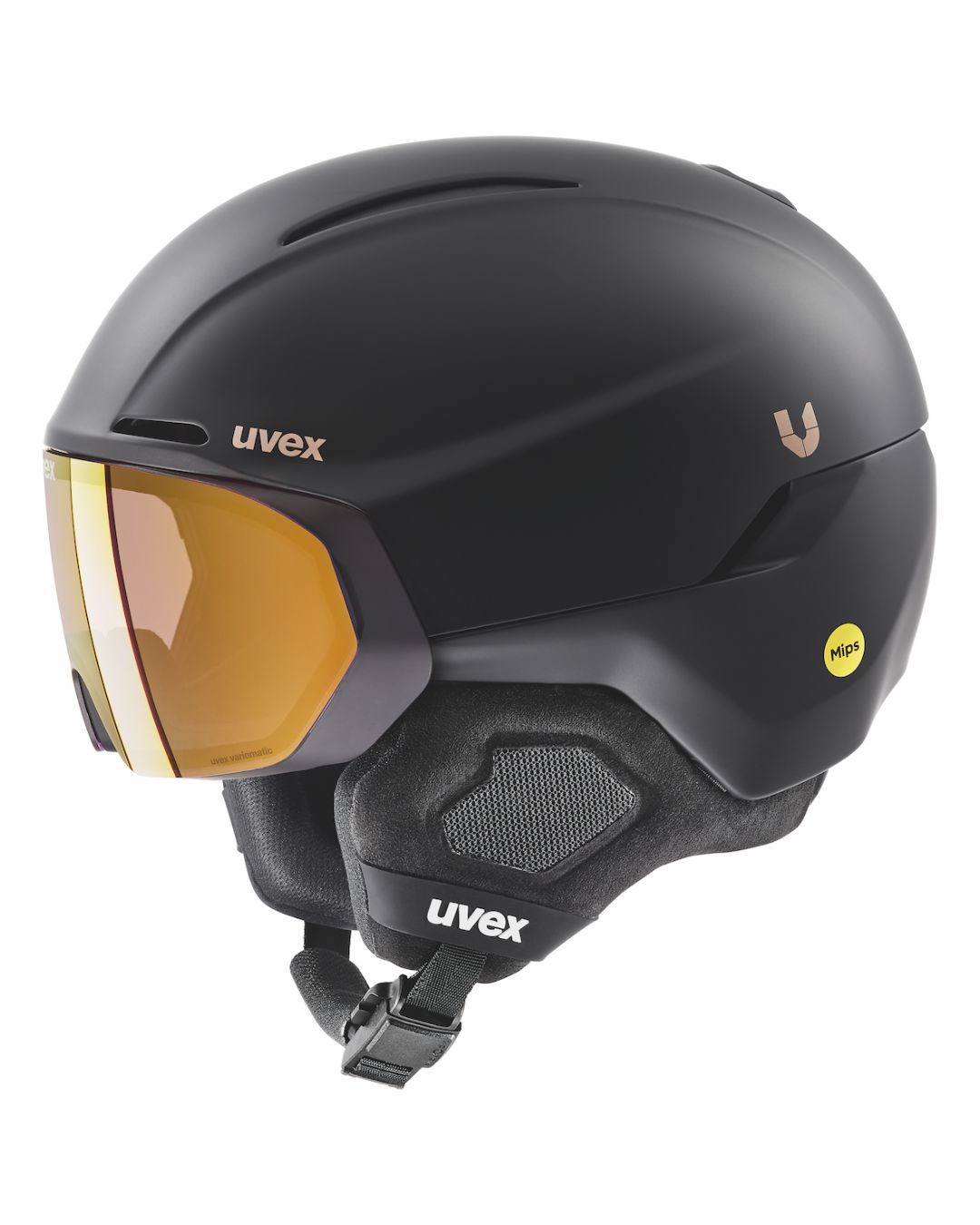 Schwarzer uvex Visierhelm mit goldfarbenem Visier und sichtbarer MIPS-Kennzeichnung.