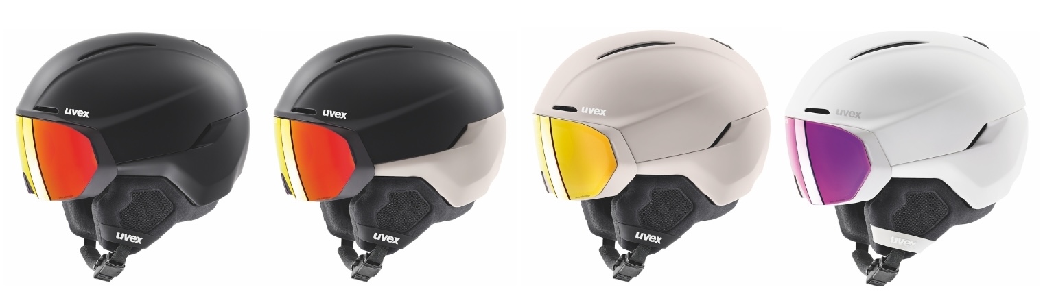 Vier Helm- und Visierkombinationen aus der uvex horizon Familie in Schwarz, Grau und Weiß.