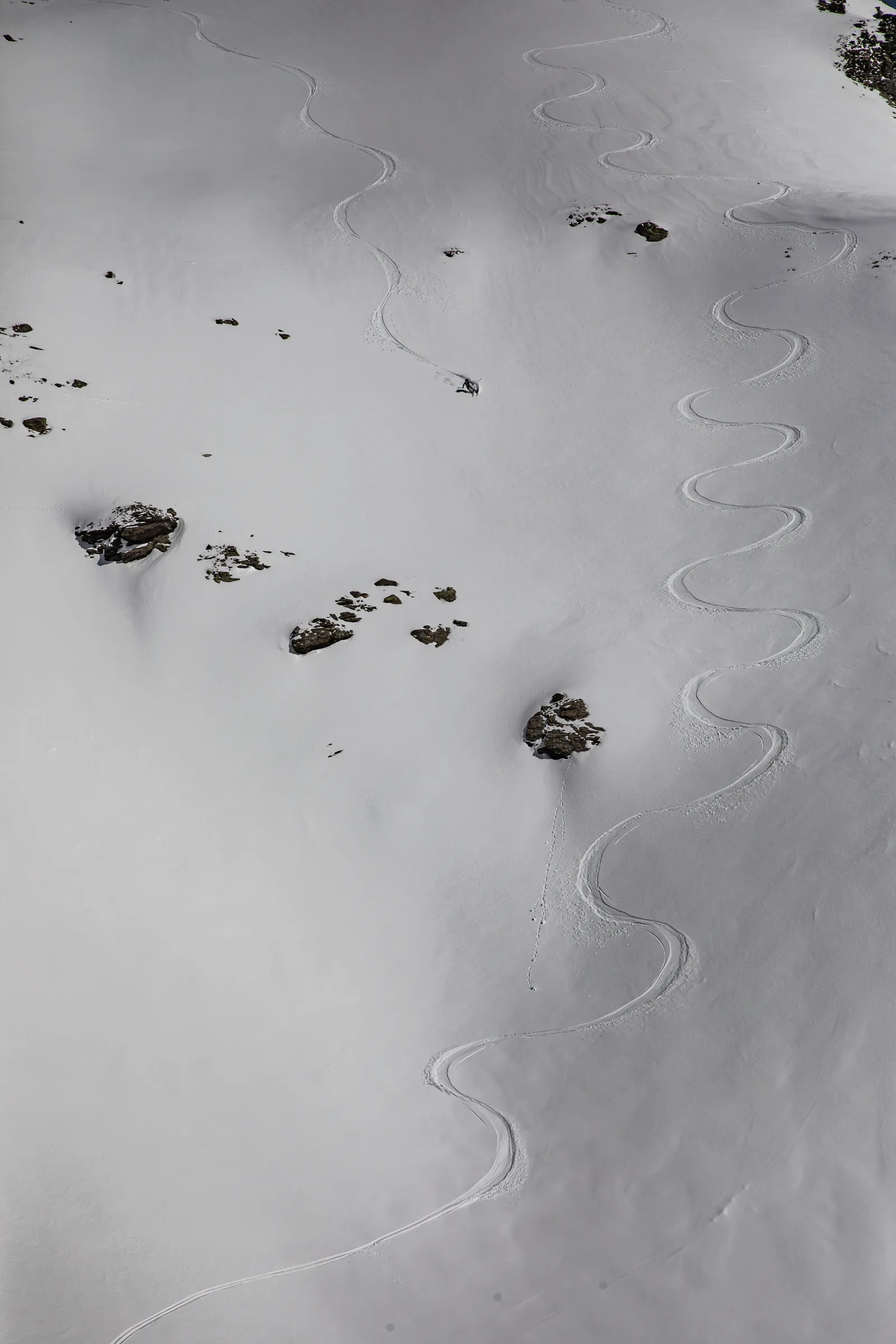 Ein einzelner Skifahrer zieht Schwünge über einen weiten, felsdurchsetzten Schneehang, neben einer langen geschwungenen Skispur.