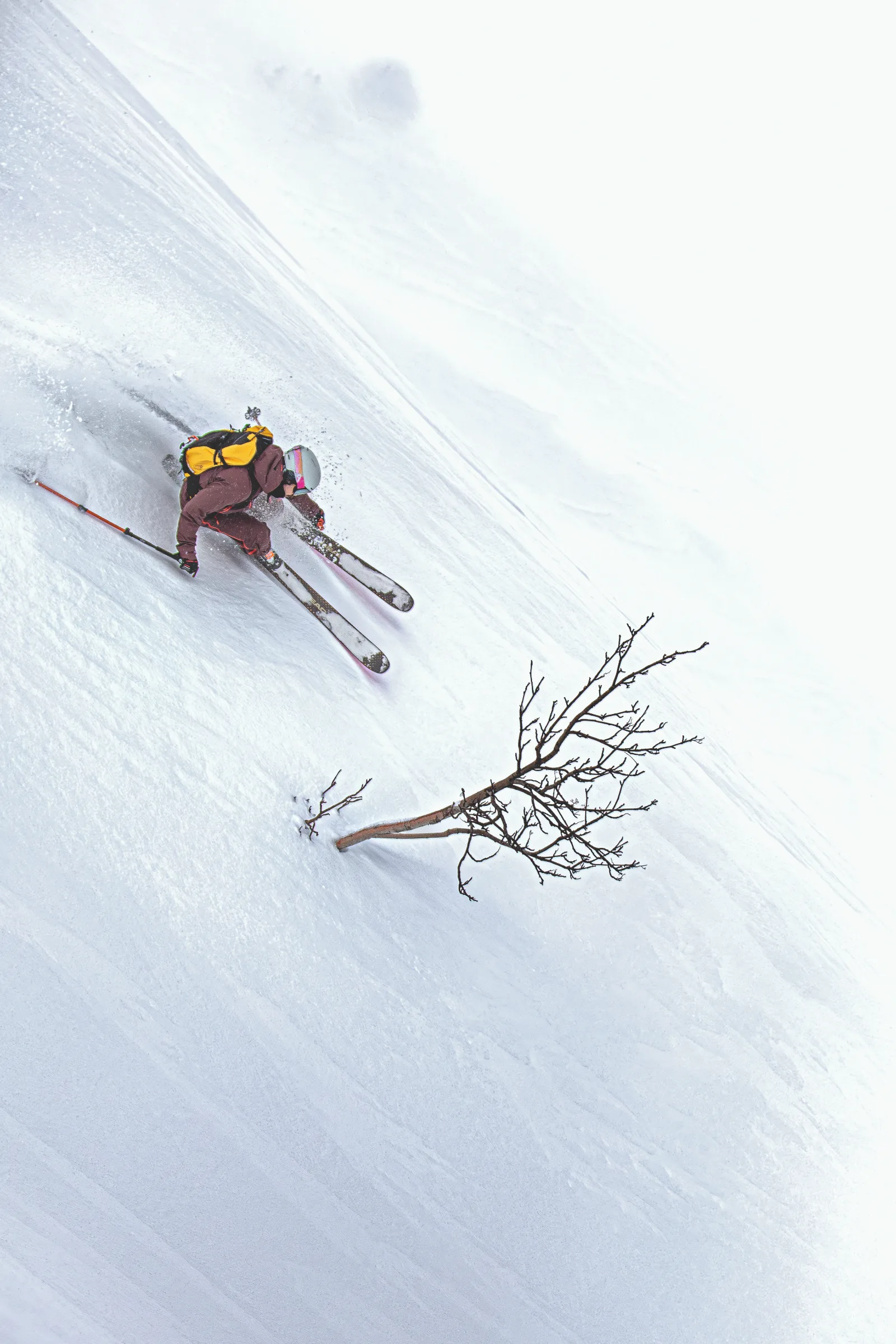Florian Eigler fährt mit gelbem Rucksack in tiefer Hocke einen steilen Schneehang in Gastein hinab, neben ihm ragt ein kahler Baum aus dem Schnee.