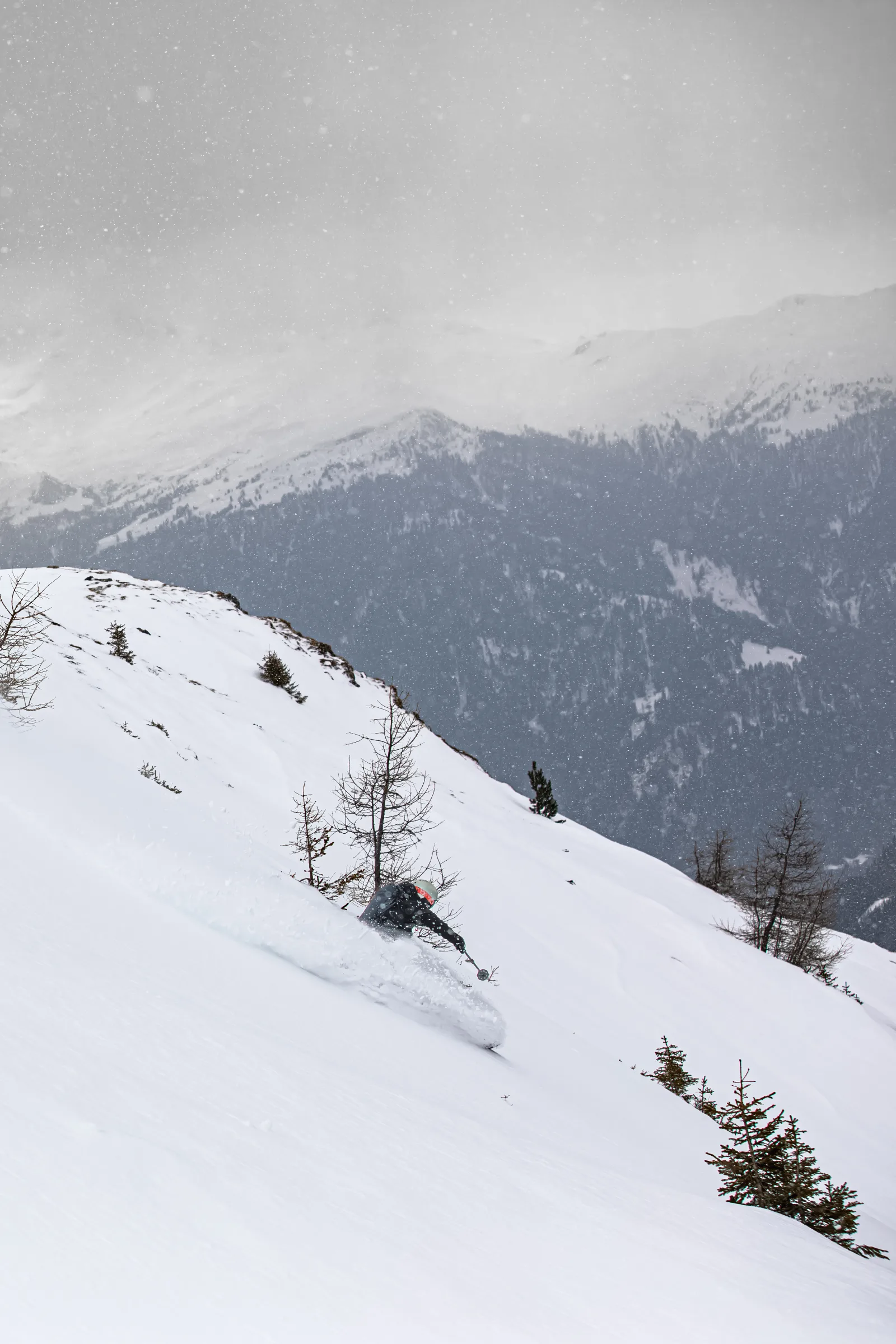 Mike Perl fährt bei Schneefall durch tiefen Schnee zwischen kleinen Bäumen in Lenzerheide, vor bewaldeten Berghängen.